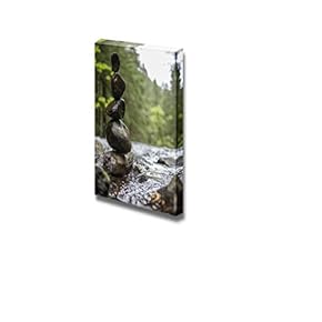 Beautiful Landscape Five Wet Rocks Stacked and Balancing on Top of One Another Near a Flowing River in The Forest - Canvas Art Wall Art - 18" x 12"