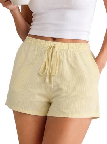 Remidoo Women's Seersucker Striped Shorts Low Rise Elastic Waist Short Beach Shorts Yellow Large at Amazon