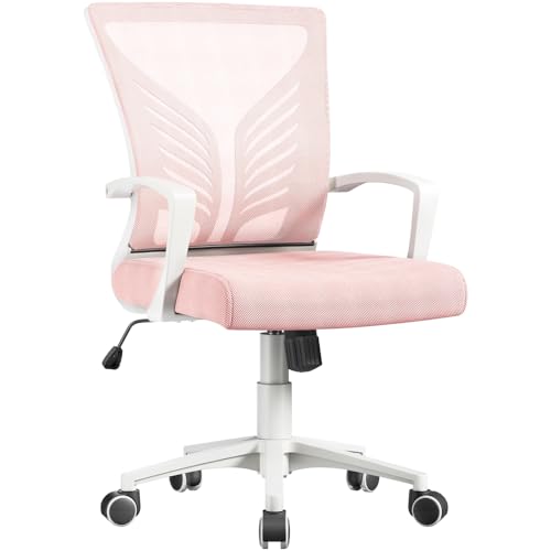 Silla de Oficina con Función de Inclinación, Silla Malla con Soporte Lumbar y Diseño Mariposa para Estudio, Carga Máxima 136kg, Rosa