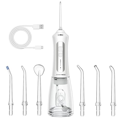 Hilo dental portátil para dientes, irrigador oral recargable, kit de hilo dental con 5 ajustes de presión, 5 boquillas intercambiables, tanque de agua de 300 ml y diseño fácil