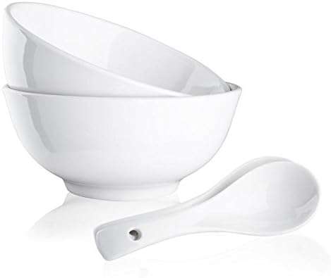22 OZ Porcelain Cereal / Soup Bowl Set Dinnerware Bowls for Entree, Oatmeal ,Pasta, Stews,Noodle, Salad - Set of 2 Bowls and 2 Spoons , White,Lead and Cadmium Free