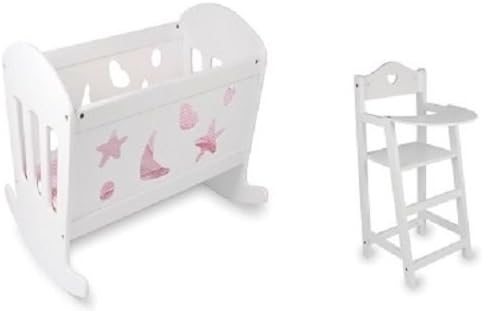 SET OF Dolls White Varnished Rocking Wooden Cradle Cot Bed and Matching High Chair Toy by HHL