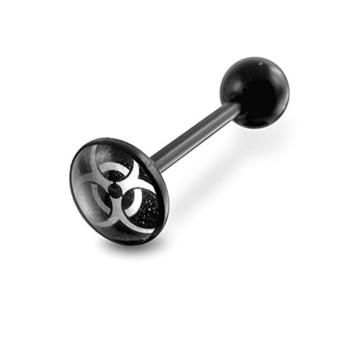 Flat Top " BIOHAZARD " Logo with 16MM Flexible Barbell Tongue Rings