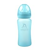 Wawita Glass Baby Bottle with Protective Silicone, Anti-Colic system AND soft medical breast-like silicone nipple, Lightweight, BPA FREE, Natural breastfeeding bottle, Medium Flow, Blue 8 Ounces