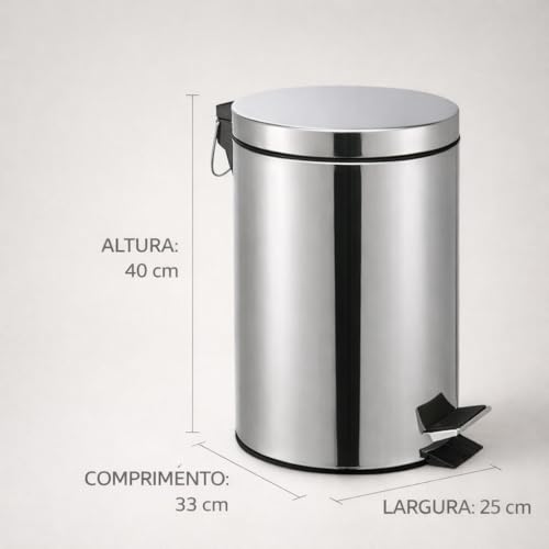 Lixeira Inox 12L com Pedal e Tampa Redonda 40cm Abertura Sem Mãos Compacta para Cozinha Banheiro Escritório Fácil Limpeza