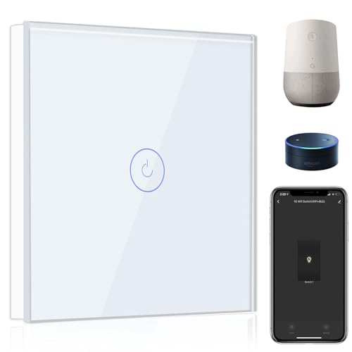 Interruptor de Pared WiFi,Interruptor Inteligente 1 Gang 1 Vía con Pantalla Táctil Blanco,Compatible con Alexa, Google Home, Control de APP y Función de Temporizador【Se necesita Neutro】