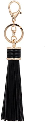 Kiwitwo Women Leather Tassels Keychain Car Circle Key Rings Handbag Wallet Accessories with Drawstring bag (Black)