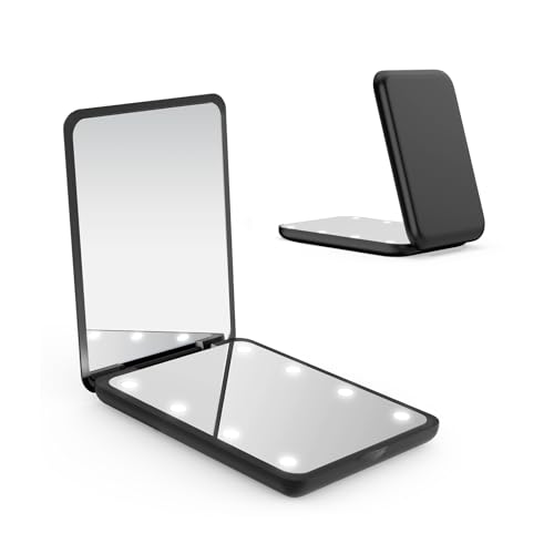 WOBSION Compact Mirror, Small Makeup Mirrors with Light for Travel, LED Pocket Mirror for Purse and Handbag, 1x/3x Magnifying Handheld Mirrors, Folding, Portable, Gifts for Women, Black