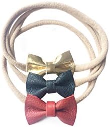 Indie Bow Co Handmade Genuine Leather Micro Mini Bow Headbands Set of 3 in Red, Navy, and Gold
