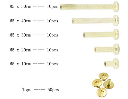 LBY 100pcs Phillips Chicago Screw Binding Screw Post M5 x 10/20/30/40/50mm Book Screws and Leather Saddles Purses Belt Repair Bookbinding Rivet Copper Plated Yellow 50-Sets