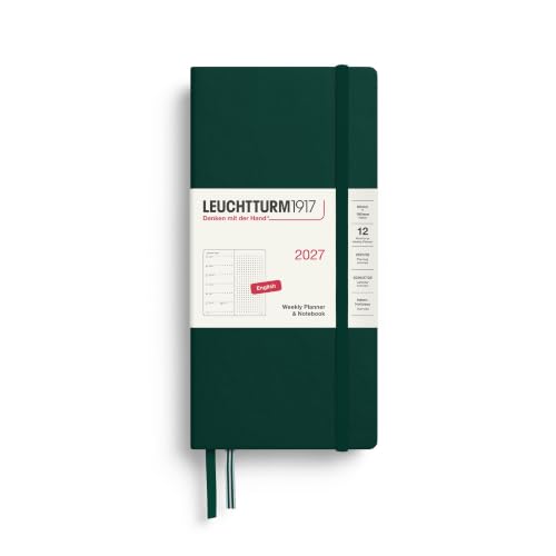 LEUCHTTURM1917 Weekly Planner 2027 Dotted Wallet (B6+ x A6) with Notebook - Diary English, Forest Green, Hard Cover, 125 x 190 mm + 90 x 150 mm, January-December, Weekly Overview + Note Page
