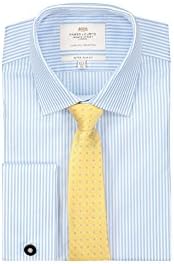 HAWES & CURTIS Mens Blue & White Bengal Stripe Extra Slim Fit Shirt - French Cuff - Easy Iron