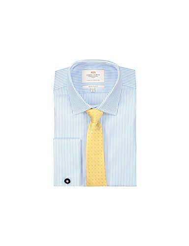 HAWES & CURTIS Mens Blue & White Bengal Stripe Extra Slim Fit Shirt - French Cuff - Easy Iron