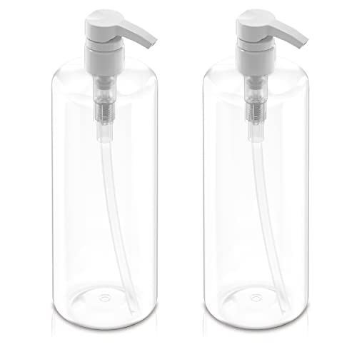 Bar5F Empty Shampoo White Pump Bottles, Plastic (PETE1) Cylinder, 32 Oz, Pack of 2