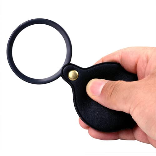 10X Pocket Magnifying Glass,mini Folding Magnifier With Black Leather Case 360° Rotating Magnifier suitable For Reading books magazines jewelry