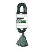 15 Foot Outdoor Extension Cord with 3 Electrical Power Outlets - 16/3 SJTW Durable Green Extension Cable with 3 Prong Grounded Plug for Safety