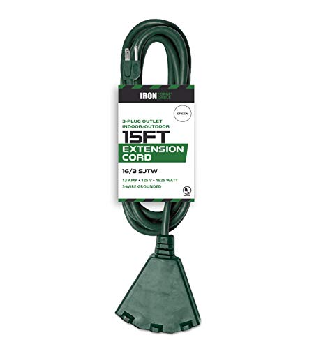 15 Foot Outdoor Extension Cord with 3 Electrical Power Outlets - 16/3 SJTW Durable Green Extension Cable with 3 Prong Grounded Plug for Safety