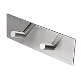 HOMEIDEAS 3M Self Adhesive Hook Key Rack SUS304 Stainless Steel Double-Hook Rail Garage Storage Organizer Stick On Sticky Bathroom Kitchen Towel Hanger,Brushed Finish