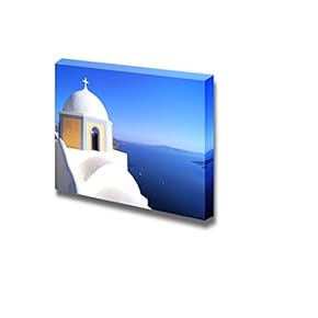 Traditional White Church Overlooking The Blue Sea Santorini Greece Wood Framed - Canvas Art Wall Art - 12" x 18"