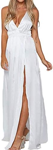 Women's Sexy Satin Deep V Neck Backless Split Maxi Cocktail Long Party Dresses(30Color S-XXL)