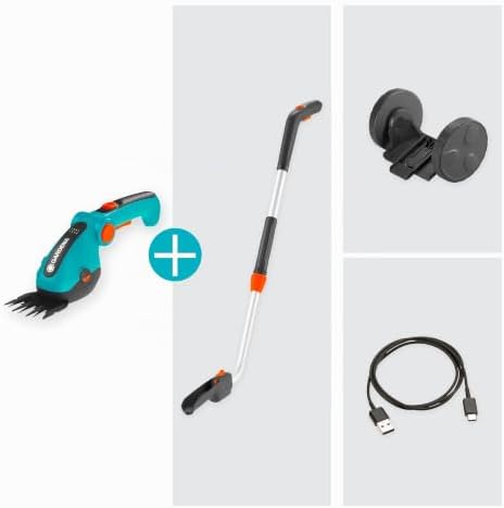 Set de Tijeras cortacésped a batería ComfortCut Li: Tijeras cortacésped, Mango telescópico con Ruedas, Mango ergonómico y Flexible con indicador de batería, Cuchillas extraíbles (9889-20)