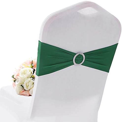 Yetomey 10PCS Chair Sashes Spandex Bow Chair Bands with Buckle Slider Sashes for Wedding Banquet Party Event Decoration (Dark Green)