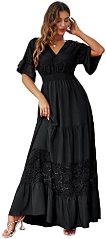 Simplee Women V Neck Formal Lace Maxi Dress Ruffle Flowy Short