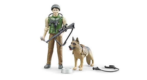bruder 62660 - Bworld Förster mit Schäferhund, Gewehr, Fernglas, Jagdmesser - 1:16 Forstwirtschaft Figur Mann Jäger Wald-Arbeiter Bauernhof Holztransporter Land Rover Baumstämme – Bild 5