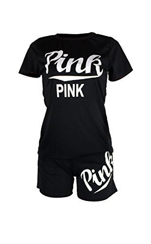 VLUNT Womens Letter Print Outfits Short Sleeves T Shirt and Short Pants 2 Piece Set Tracksuits,Black-L - Thumbnail 4