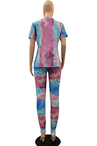 Akmipoem Jogging Suits for Women Casual 2 Piece Tracksuit Outfits Short Sleeve Tops & Bodycon Pants Set, Blue&Purple L