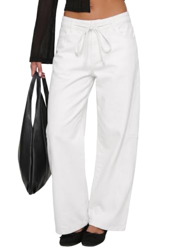 Sidefeel Wide Leg Jeans for Women Trendy Button Down Stretchy Baggy Jeans Women Drawstring Denim Pants White Size 14 at Amazon