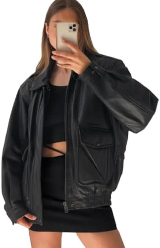 Women's Fashion 90s Leather Jacket Oversized Leather Bomber Jacket