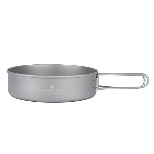 iBasingo Titanium Pot Pan Spoon Spork Mini Stove Sets Outdoor Camping Cooking Sets with Folding Handle Ultralight Portable Dinnerware Cookware Sets for Picnic Travel (Pan & Small Pot (Ti1575I))