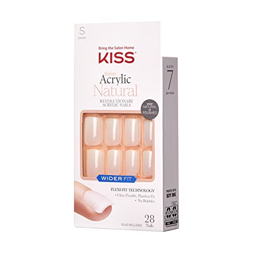 KISS SALON ACRYLIC WIDER FIT NATURAL FAKE NAILS, ‘RARE’, 28 ACRYLIC-INFUSED, BUBBLE-FREE, FLEXIBLE, DURABLE, FALSE GLUE-ON NAILS