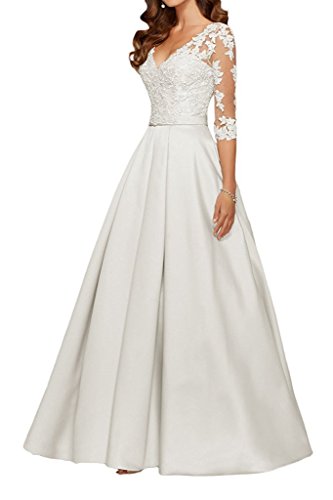 Charm Bridal Long Satin V neck Women Prom Evening Party Dresses with Sleeve 2017-10-White