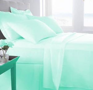 NJSR Textiles 600 Thread Count 100% Egyptian Cotton Sateen Finish 1 Pc Fitted Sheet (+8 Inch) Pocket Length Three Quarter/Small Double, Aqua Blue Solid