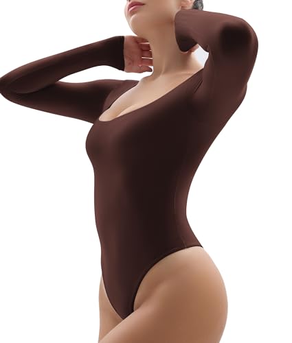 YIANNA LONG SLEEVE BODYSUIT FOR WOMEN DOUBLE LAYER SEXY BODY-HUGGING THONG BODY SUIT TOPS，YA5260-COCOA-XL