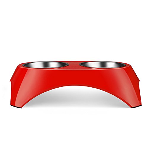 Flexzion Pet Feeder Bowls Double Stainless Steel (Set of 2) - Removable Raised Feeding Station Tray Dog Cat Puppies Animal Food Water Holder Container Dish Table Dinner Set with Elevated Stand (Red)