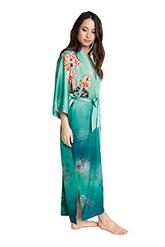 Old Shanghai Women's Kimono Robe Long - Watercolor Floral, Coral Chrysanthemum- Meadow Blue, One Size. - Thumbnail 4