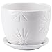 MyGift White Ceramic Small Plant Pot with Drainage Hole and Decorative Sunburst Design, 5 Inch Round Succulent Planters with Attached Saucers, Set of 2