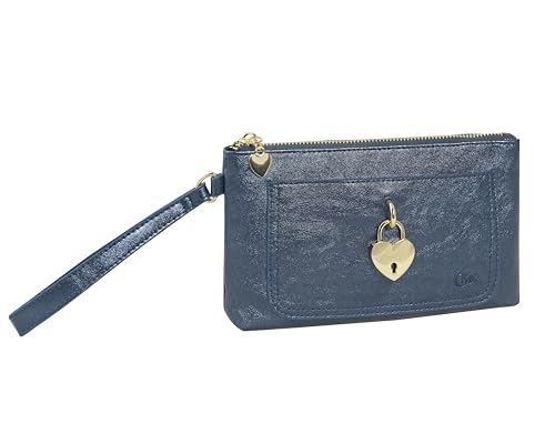 COMIX Studs - Clutch Donna Con Polsiera, Tasca Esterna Chiusa Con Bottone, In Morbida Ecopelle, Metallerie con Finitura in Oro Lucido, Leggera e Facile da Trasportare, Formato cm 30x12hx3 - Blu