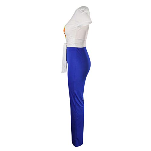 Desirepath Women Two Piece Outfits Sets Tie Knot Front Short Sleeve Printed Top Long Pants Sets Blue