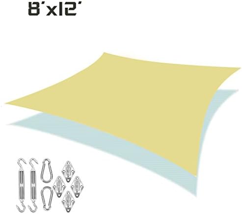 UNICOOL 8' X 12' Rectangle Sun Shade Sail UV Block For Outdoor Garden Patio Sunscreen Canopy With Stainless Hardware Kit Sand