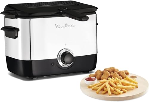 Moulinex AF220010 Deep Fryer, Capacity 1 L of Oil, for About 600 g Food, Stainless Steel, Non-Stick Bowl, Metal Filter Included, Adjustable Thermostat, Plastic, Black, Silver