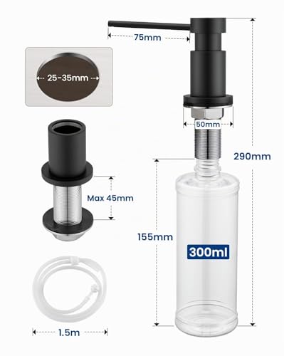 Sofetiy Built-in Black Soap Dispenser for Kitchen, Durable Dishwashing Liquid Dispenser with 304 Stainless Steel Nuts (No Plastic), 300 ml Bottle and 1.25 m Extension Hose