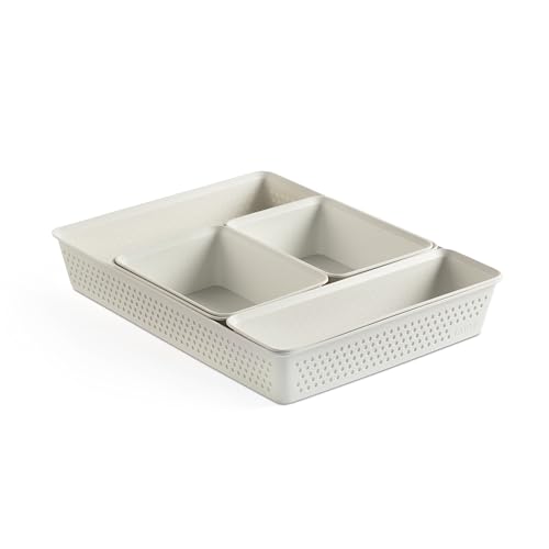 TATAY Plastic Storage Baskets Bohol | Set of 5: 2xA6 + A5 + A4 + Slim | Drawer Organisers | Minimalist Functional Design | Home & Office Organisation | Recycled BPA-Free Plastic, White