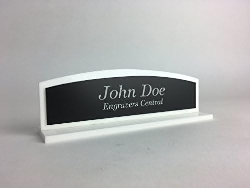 Personalized Modern Sleek Office Desk Name Plate - 1/4" White Acrylic - Customized Round Top - (Black/White 2x8x2.5)