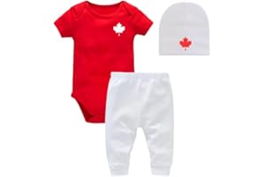 3-Piece Canada Baby Set, Custom Handmade Baby Canada Maple Leaf Bodysuit, Pants and Hat Set L3 (3M, Short Sleeve R/W)