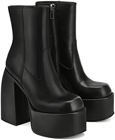 VOMIRA Women's Punk Platform Boots - Chunky High Heel, Elastic Ankle, Black PU, Size 8