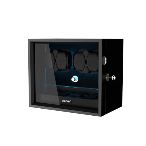 DUKWIN Watch Winder for 4/6/8/12 Automatic Watches, Lockable Automatic Winders with Extra 4/6 Watch Storages, 4 Rotation Modes, Quiet Mabuchi Motor, Sfot Watch Pillows and Blue Backlight